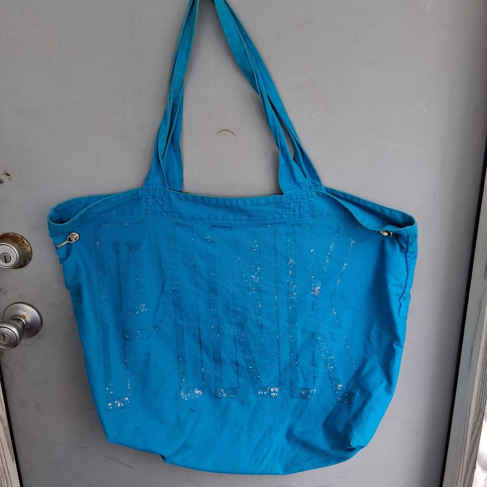 Victoria's Secret PINK Turquoise Blue Canvas Logo Large Tote Bag 2013 Distressed